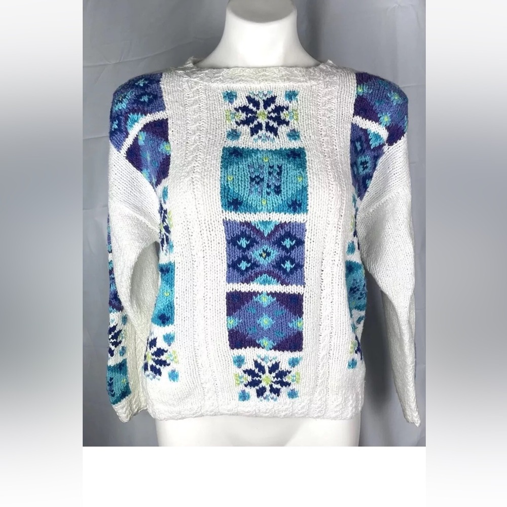 Vintage 90s LL Beans Ramie Cotton Sweater White Blue Multicolor Size M